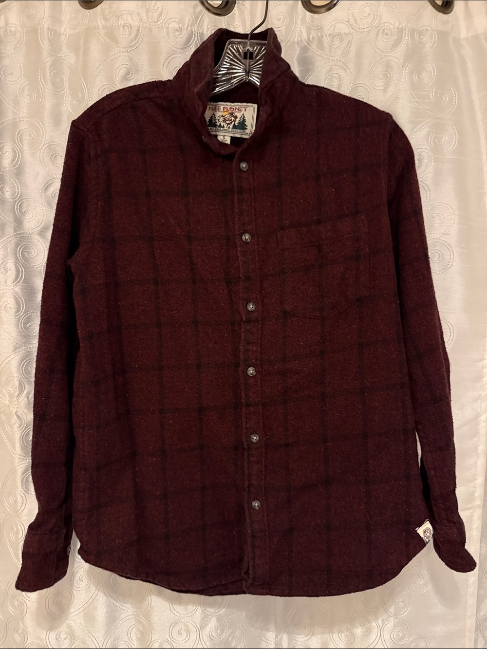 Free People Men’s Burgundy Windowpane Wool Button-Down Shirt Size Small 🔥 G12